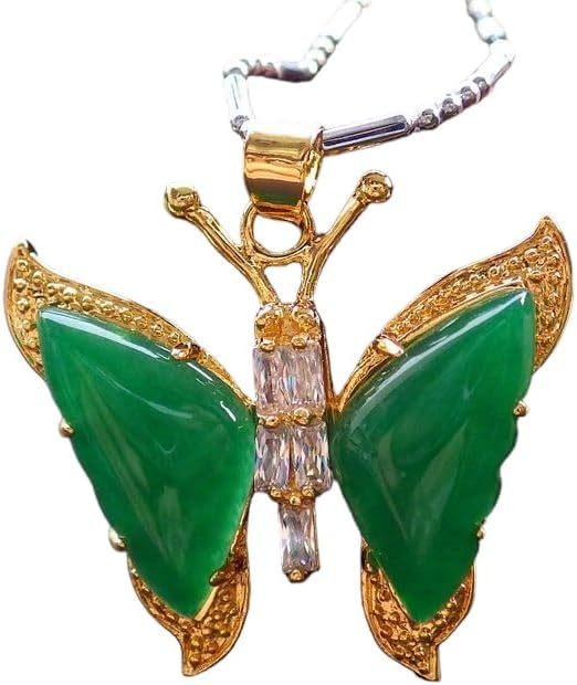 Yellow Gold Plate CHINESE Green JADE Pendant Butterfly Diamond Imitation 100790, 33mm X 23mm X 7mm