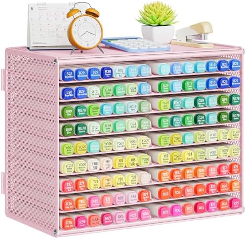 Marbrasse Mesh Marker Organizer, Metal Desktop Storage Rack for 126 Markers, Pens, Pencils, 9 Tier Marker Holder for Office Classroom & Home Art Supplies(Pink) by Marbrasse