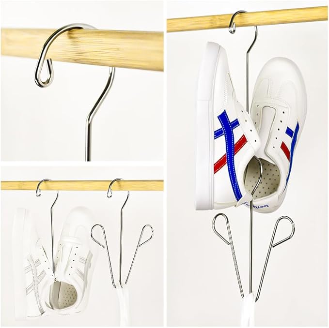 4PCS Shoes Hanger Shoes Drying Rack Stainless Steel Shoe Display Hook Space Saver Storage Organizer for Hanging Muddy Wet Shoes Flip Flops Sandals Sneakers Boots(Silver A+B)