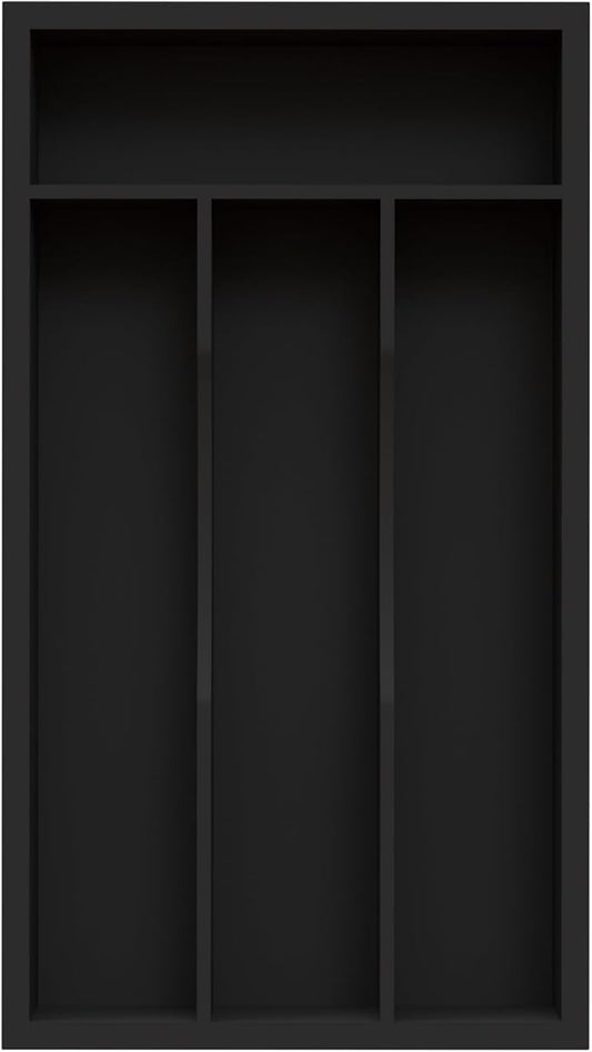 Small Silverware Organizer, Bamboo Kitchen Drawer Organizer, Utensil Holder, Cutlery Tray & Spoon Flatware Storage with Grooved Drawer Dividers (Black, 6.7''W x 12''D)