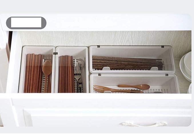 Large Flatware Tray Kitchen Drawer Organizer With Lid And Drainer - Plastic Kitchen Cutlery Tray and Utensil Storage Container with Cover - Dinnerware Holder White