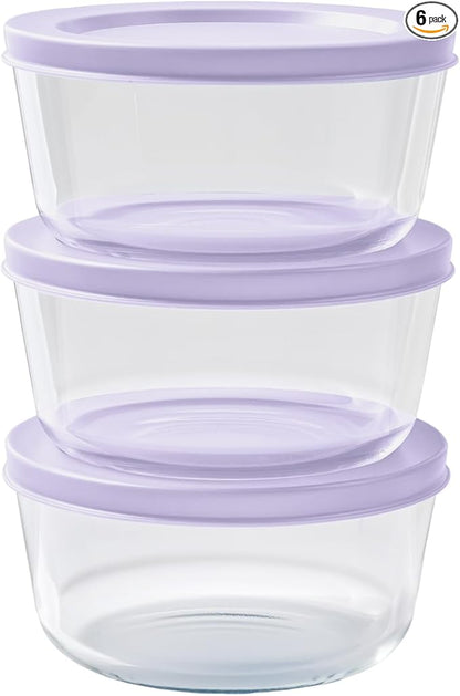 6-Piece Glass Food Storage Containers Set (3 Containers + 3 BPA-Free Lids) | 2-Cup, Leakproof | Microwave, Freezer, Oven & Dishwasher Safe | Ideal for Meal Prep & Pantry Organization, Purple