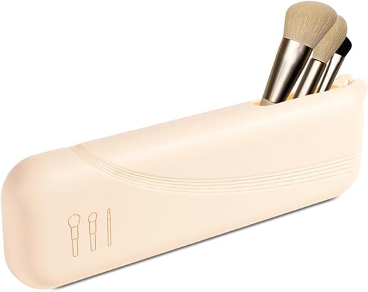 Silicone Makeup Brush holder travel case,Large makeup brush bag with Half-open Snap Design, Anti-fall Out vanity organizer for Toothbrushes,lipstick,eyebrow pencil,BB Cream,Liquid Foundation (Beige)