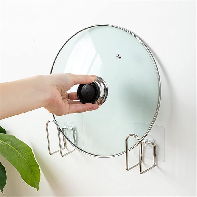 4 Pairs of Pot Lid Organizer, Stainless Steel Wall Mounted Lid Holder,Adjustable Cabinet Door Self Adhesive Pan Lid Organizer Pot Hangers for Kitchen Wall Mount (Silver-1)