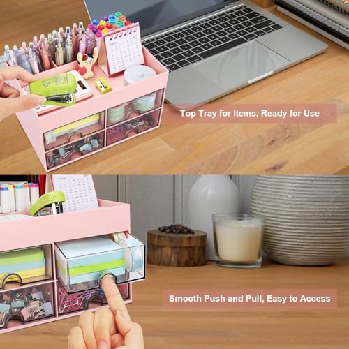 Meiikun Desk Organizer, Office Organizer with Drawer, Desk Accessories & Workspace Organizers, Pen Holder Office Supplies for Desk (4 Drawers+4 Compartments, Pink) - Image 6