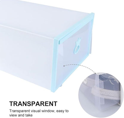Milisten Thickened Plastic Drawer-style Shoes Organizer Box 33x23x14cm with Blue Frame White Base Stackable Large Shoe Storage Container for Men and Women for Home Organization