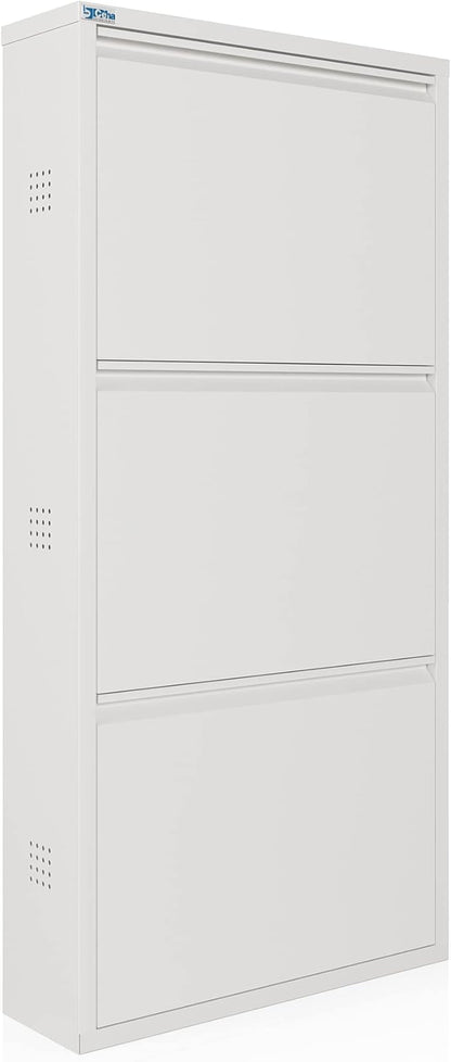 CEHA 3 Tier Metal Shoe Cabinet with Cover, Durable Shoe Storage Organizer for Entryway, Space Saving Shoe Shelf Closet with Side Ventilation Holes, 5.91" x 40.6" x 19.68", White
