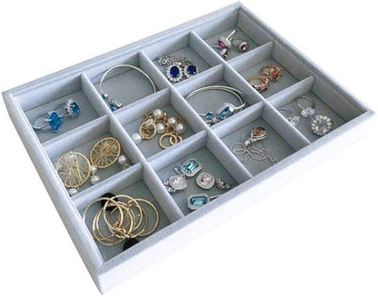 Grey Velvet Stackable Organizer Premium Grade Fabric Soft Protection for Jewelry Collection Removable Rearrangeable 12-Grid Drawer Divider Small Space Storage Ring Necklace Earring