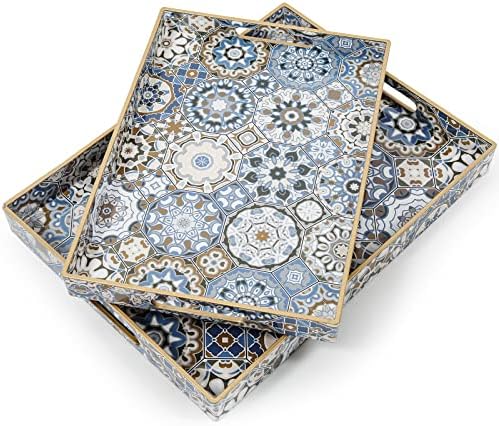 AGIOTA 2 Pcs Serving Tray with Handles Bohemian Decorative Tray Large Ottoman Trays for Living Room Blue Coffee Table Trays for Breakfast by ServingCustomersBornforQuality