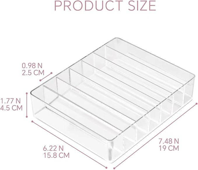 WECHENG Clear Acrylic Makeup Organizer for Eyeshadow Palette and Lipstick Organizer, 7 Slots Divided Makeup Palette Organizer for Vanity Countertop Drawer Cosmetics Storage(Closed-Sided Design)