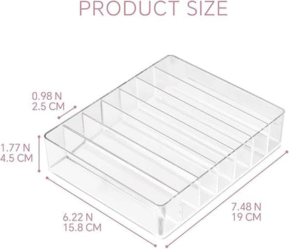 WECHENG Clear Acrylic Makeup Organizer for Eyeshadow Palette and Lipstick Organizer, 7 Slots Divided Makeup Palette Organizer for Vanity Countertop Drawer Cosmetics Storage(Closed-Sided Design)