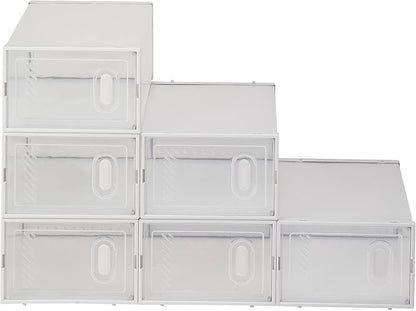 Shoe Storage Organizer Stackable Boxes for Closet, Space-Saving Shoe Rack for Sneaker Boot Container, Plastic Shoe Cabinet Shoe Box 6 Pack (White)