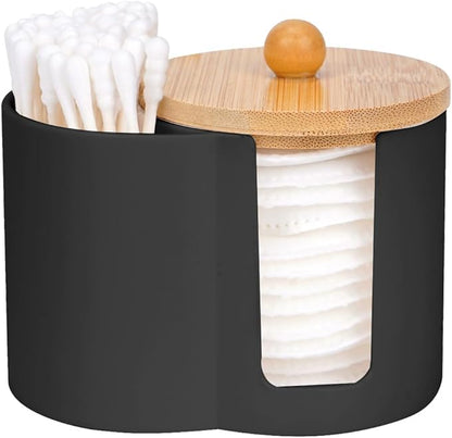 Adorila Compact Cotton Pad & Swab Holder with Bamboo Lid, Dust-Free Space-Saving Bathroom Vanity Organizer for Floss (Black)