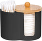 Adorila Compact Cotton Pad & Swab Holder with Bamboo Lid, Dust-Free Space-Saving Bathroom Vanity Organizer for Floss (Black)