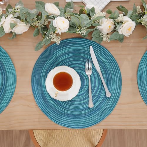 SHACOS 15 inch Round Placemats Set of 4 Variegated Multicolor Place Mats Cotton Polyester Braided Non Slip Washable Heat Resistant Table Mats for Home Wedding Dinner Party Table Decor, Rainbow Teal - Image 5