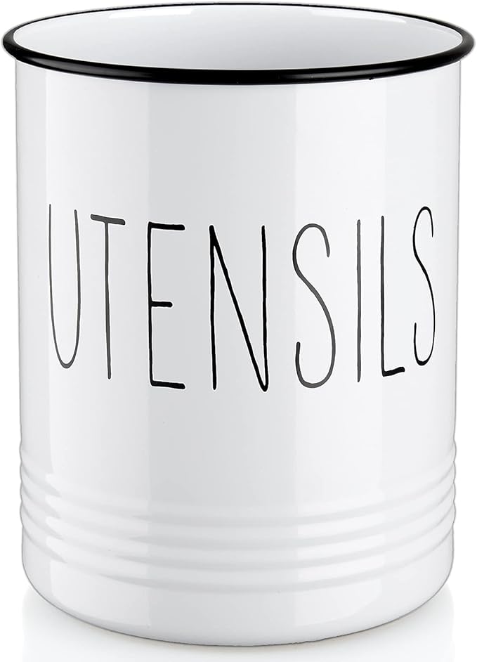 Bivvclaz Kitchen Utensil Holder, 6.7" Utensil Holder for Kitchen Counter, Cooking Utensil Crock with Cork Bottom, Modern Farmhouse Decor, Countertop Utensil Storage Caddy Organizer, White