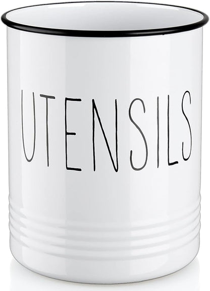 Bivvclaz Kitchen Utensil Holder, 6.7" Utensil Holder for Kitchen Counter, Cooking Utensil Crock with Cork Bottom, Modern Farmhouse Decor, Countertop Utensil Storage Caddy Organizer, White
