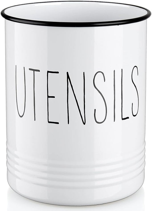 Bivvclaz Kitchen Utensil Holder, 6.7" Utensil Holder for Kitchen Counter, Cooking Utensil Crock with Cork Bottom, Modern Farmhouse Decor, Countertop Utensil Storage Caddy Organizer, White