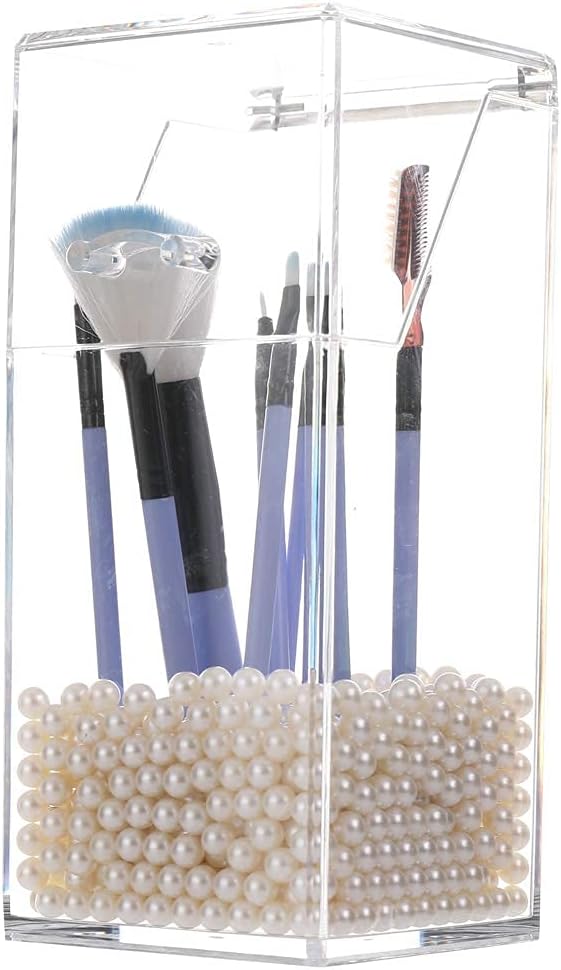 Sooyee Makeup Brush Holder,Makeup Brush Organizer with 8mm White Pearls,Dustproof Makeup Brush holder with Lid
