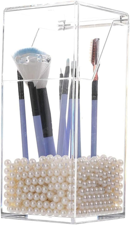 Sooyee Makeup Brush Holder,Makeup Brush Organizer with 8mm White Pearls,Dustproof Makeup Brush holder with Lid