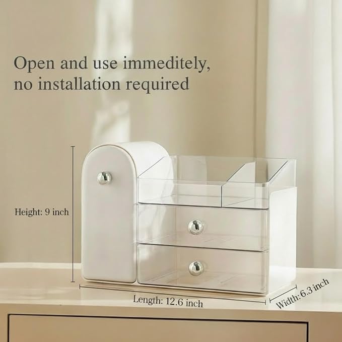 Bird&Fish Makeup Organizer with Sliding Brush Holder, Clear Skincare Organizer with Drawers, Bathroom Countertop Organizer, Sturdy Cosmetic Storage Case for Vanity, Dresser (White)