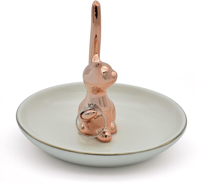 Rose Gold Lucky Kitten Rings Holder Jewelry Storage Dish Trinket Tray Decorative
