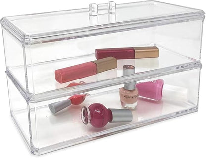 Acrylic Makeup Organizer Cosmetic Storage Display Case Makeup Brush Cotton Ball Pads Swab Q-tip Holder Lipstick Dispenser Canister Bathroom Container (9.2x3.7x5.1in, 2 Tiers, Clear)