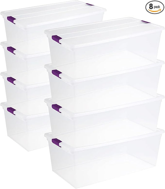 Sterilite 8-Pack 110 Quart Clearview Latch Box, Stackable Organizer Bins with Latching Lids - Clear Plastic Organization Containers for Closet, Bedroom, Shelving Units and Everyday Home Storage