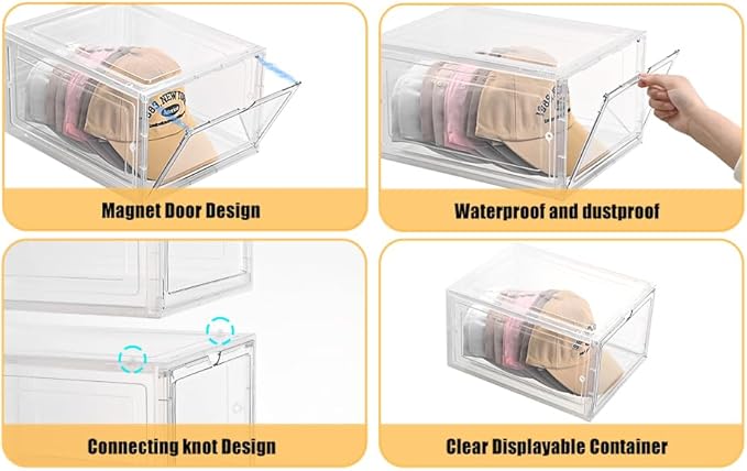 Hat Organizer Box,Stackable Baseball Caps Holder Box Containers with Magnetic Door for Hats Snapback Cap Storag,Clear Hat Storage with Magnetic Door, Holds 8 Hats Each (clear, 1 pack)