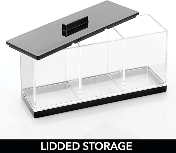 mDesign Cosmetic Divided Organizer Storage Canister Box with 3 Sections and Lid for Bathroom Vanity Countertop - Holder for Cotton Swabs, Perfume, Lipstick - Lumiere Collection - Clear/Black