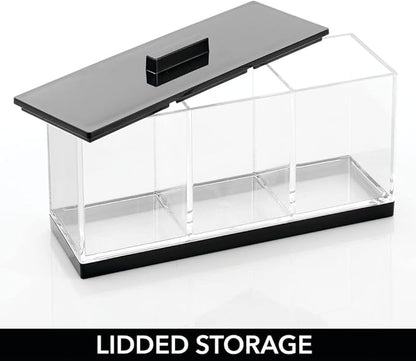 mDesign Cosmetic Divided Organizer Storage Canister Box with 3 Sections and Lid for Bathroom Vanity Countertop - Holder for Cotton Swabs, Perfume, Lipstick - Lumiere Collection - Clear/Black