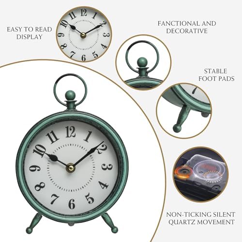 Vintage Small Rustic Green Table Clock on Stand - Decorative Desk and Shelf Clock, Battery Operated, Silent Non-Ticking Timepiece Perfect for Office, Living Room, and Bedroom Decor - Image 5