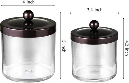 SheeChung 2-Pack Plastic Apothecary Jars with Bronze Metal Lids-25oz & 15oz Clear Acrylic Qtip Holder Set- Shatterproof Bathroom Vanity Organizer for Cotton Balls, Swabs-Modern Farmhouse Rustic Decor