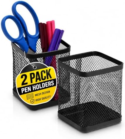 1InTheOffice Pen Cup Holder, Metal Mesh Pencil Cup Holder, Stackable Wire Mesh Regular Pencil Holder, Matte Black 2 Pack by 1InTheOffice