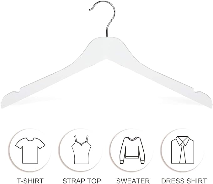 Premium Wooden Top Hangers, Heavy Duty Solid Wood Suit Hangers with 360° Swivel Hook & Anti-Slip Notches, Durable Clothes Hangers for Jackets, Coats, Shirts & Dresses(White/12-Pack)