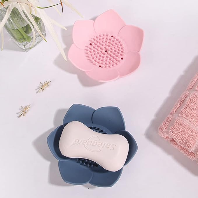 Soap Dishes with Draining, Bathroom Bar Soap Holder for Shower, Soap Tray for Kitchen Sink, Silicone Flower Shape Soap Saver for Counter, Bathtub. Extend Soap Life, Easy Dry (2 Pack, Pink + Blue)