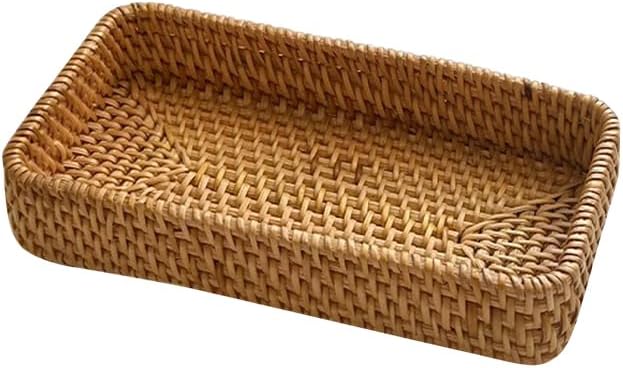 8in Rattan Bathroom Vanity Tray, Toilet Tank Basket, Bathroom Decor Box, Small Narrow Guest Towel Holder for Vanity, Countertop, Bathroom, Kitchen and Cabinet Storage(Color:Wood)