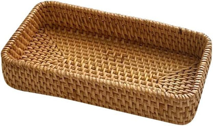 8in Rattan Bathroom Vanity Tray, Toilet Tank Basket, Bathroom Decor Box, Small Narrow Guest Towel Holder for Vanity, Countertop, Bathroom, Kitchen and Cabinet Storage(Color:Wood)