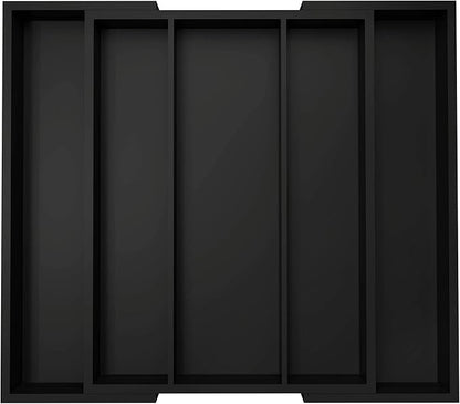 Kitchen Utensil Organizer Silverware Tray - Bamboo Flatware Organizer Expandable 5 Slots Multipurpose Silverware Organizer for Office Storage Garage Organization W13.7"-19.9" x L17.6" X H2.5" (Black)