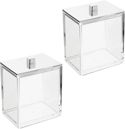 mDesign Plastic Rectangle Apothecary Canister - Organizer for Bathroom Vanity Countertop Shelf Decor - Holds Cotton Swabs, Soap, Makeup, Bath Salts - 2 Pack- Lumiere Collection - Clear/Chrome