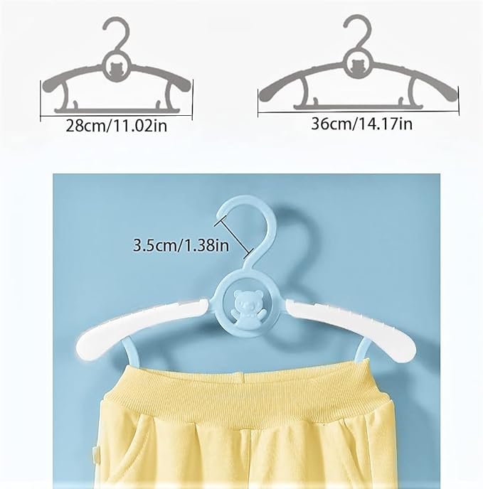 HGYZE Kid Hangers for Closet 50pcs, Blue Infant Clothes Hanger 11-14" Adjustable Plastic Baby Coat Perchas with Bear Hook, Non-Slip Children Outfit Hangars for Boy Toddler Newborn Teen Clothing