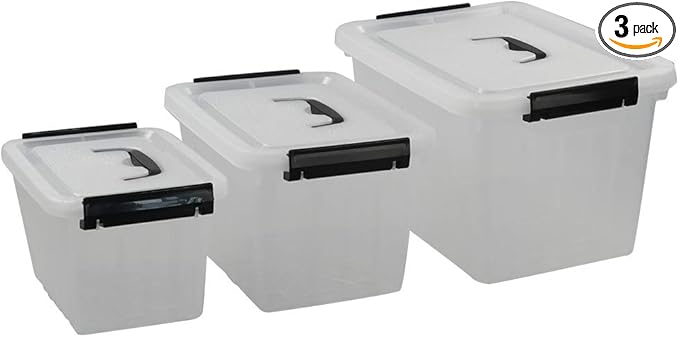 Wekioger 3 Pack Mixed Size Plastic Storage Bins for Multiuses, Clear Latching Storage Box (12Qt, 6Qt, 3.5Qt)