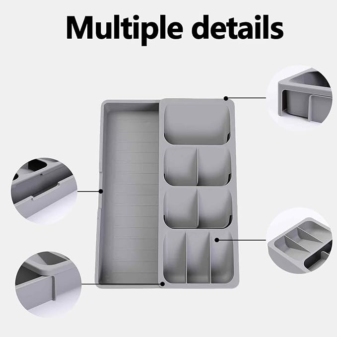 Expandable Kitchen Drawer Organizer Tray, 15.9×10.3×2.2in,Adjustable Silverware Storage for Spoons,Forks,Knives, Compact Cutlery Holder Saves Space(Grey)