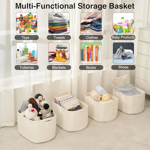 ICERZCZ Storage Baskets for Organizing & Shelves, Woven Cotton Rope Organization Bins for Dog Toys, Clothes, Books, Nursery Organizer, 15"Lx11''Wx9.5''H, (4 Packs) Off White - Image 4