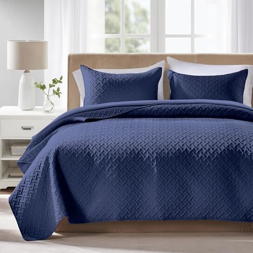FLYMME Quilts Queen Size - Ultra Soft Navy Blue Quilt Lightweight Microfiber Bedspreads, Classic Basket Weave Pattern Bedspread Bed Coverlet 3 Pieces for All-Season (1 Quilt, 2 Pillow Shams) by FLYMME