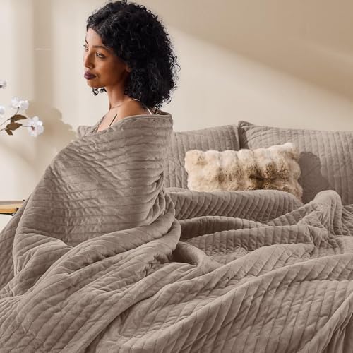 Wonderful - Velvet Quilt Set Queen Size Light Brown, Soft Cotton-Feel Plush Coverlet with Shams, Premium Vertical Channel Stitched, Lightweight All-Season Bedspread - Image 6
