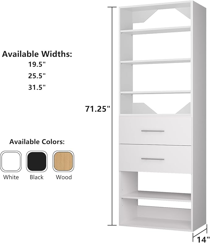 ROOMTEC Modular Closet System, 19.5" 2 Drawer Shelf Closet Tower Wall-Mounted Closet Organizer, Wooden Tower for Walk-In Closets, Wardrobe Storage Kit, White