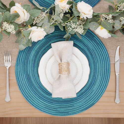 SHACOS 15 inch Round Placemats Set of 4 Variegated Multicolor Place Mats Cotton Polyester Braided Non Slip Washable Heat Resistant Table Mats for Home Wedding Dinner Party Table Decor, Rainbow Teal - Image 3