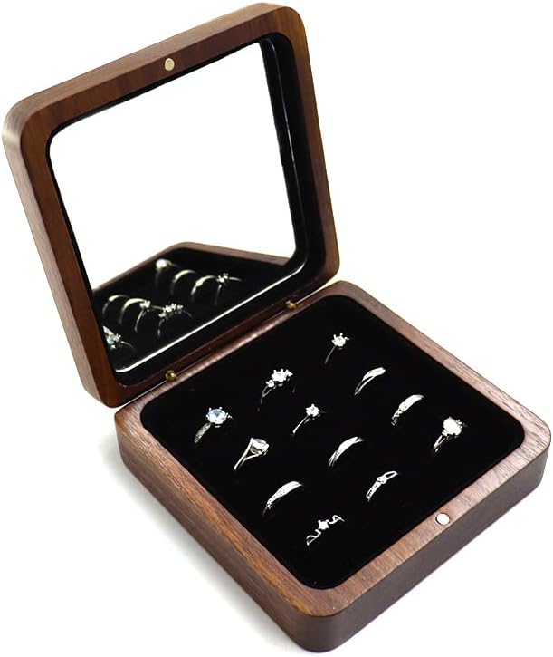 Rustic Wooden Ring Storage Display Box With Mirror Portable 12 Slots Rings Organizer Holder Tray