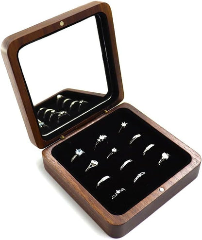 Rustic Wooden Ring Storage Display Box With Mirror Portable 12 Slots Rings Organizer Holder Tray